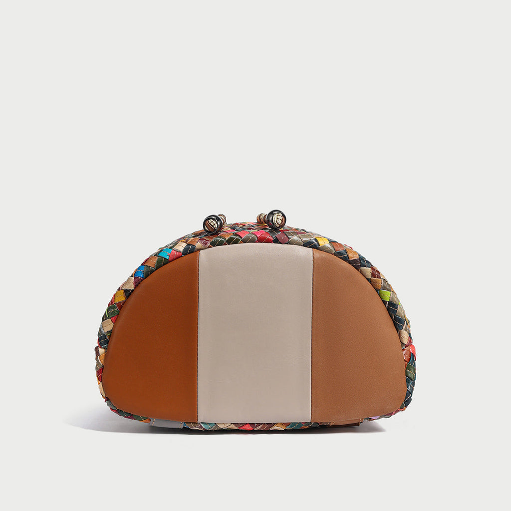 Sunset Multicolor Woven Leather Flap Backpack – Tropical Diamond Weave Drawstring Daypack