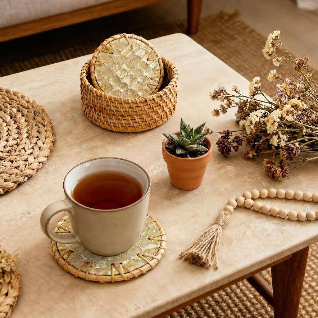 Handmade Natural Rattan & Mother of Pearl Coaster Set (6 Piece + Holder) • Cascade Light