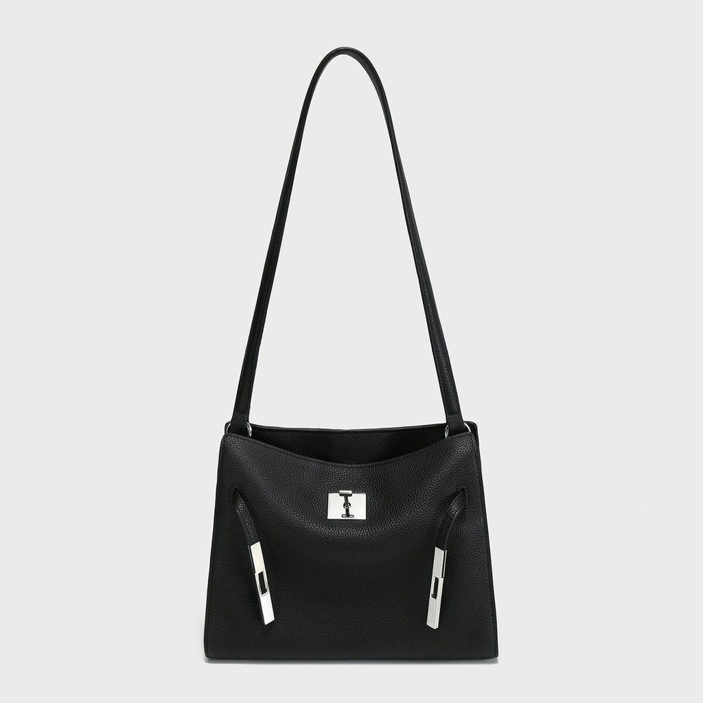 TOGO Leather Turn-Lock Slouchy Tote – Soft Shoulder Handbag with Metal Accent Straps