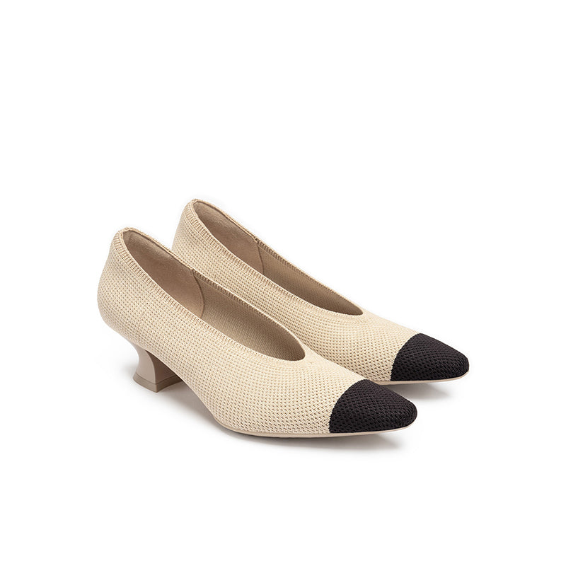 Two-Tone Knit Pointed Toe Pumps – 5cm Block Heel French Work Shoes