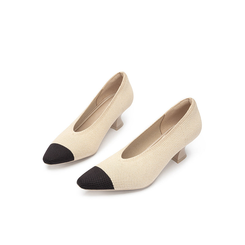 Two-Tone Knit Pointed Toe Pumps – 5cm Block Heel French Work Shoes
