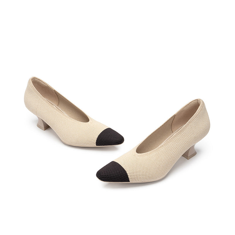 Two-Tone Knit Pointed Toe Pumps – 5cm Block Heel French Work Shoes