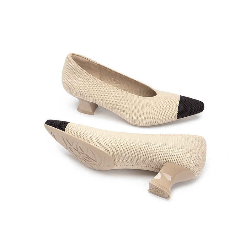 Two-Tone Knit Pointed Toe Pumps – 5cm Block Heel French Work Shoes