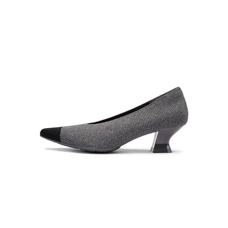 Two-Tone Knit Pointed Toe Pumps – 5cm Block Heel French Work Shoes