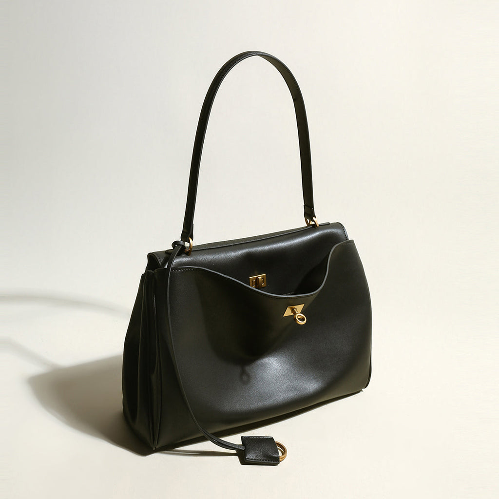 Utilitarian Structured Leather Flap Bag – Professional Top Handle Bag with Turn-Lock Closure