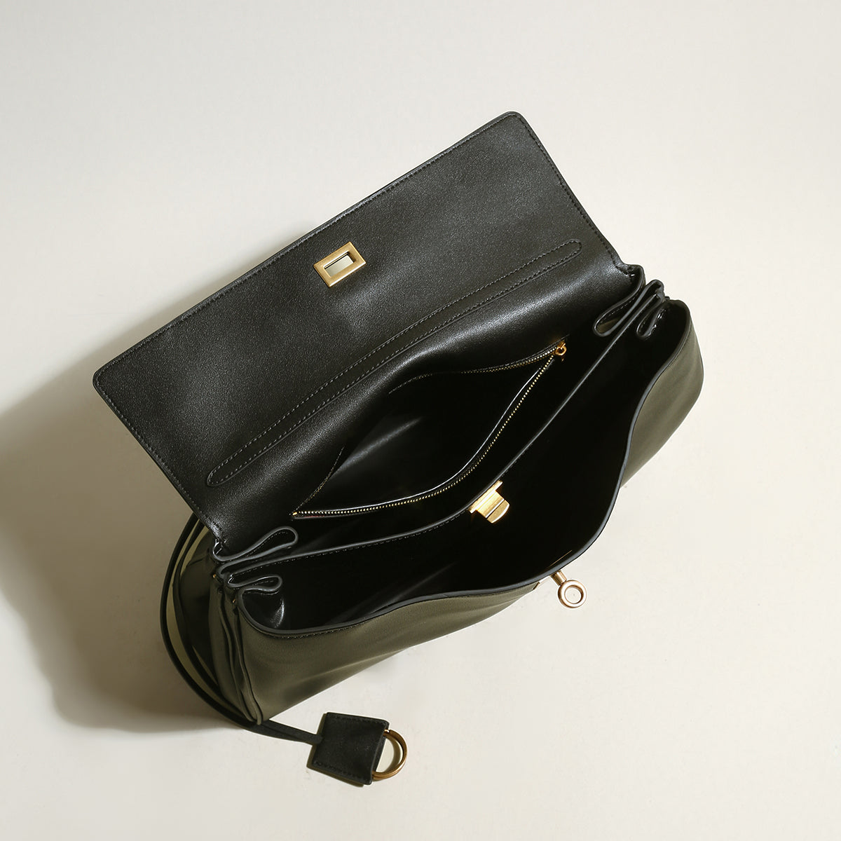 Utilitarian Structured Leather Flap Bag – Professional Top Handle Bag with Turn-Lock Closure