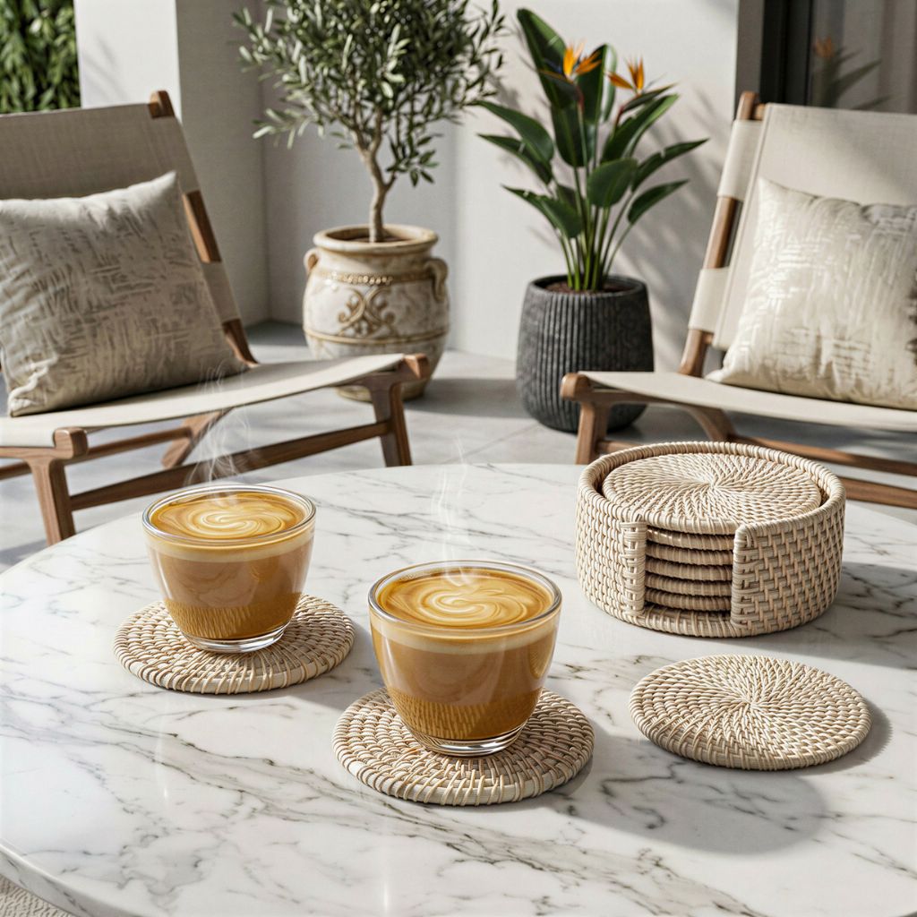 Handmade Natural Rattan Coaster Set (6 Piece + Holder) • Whitewash