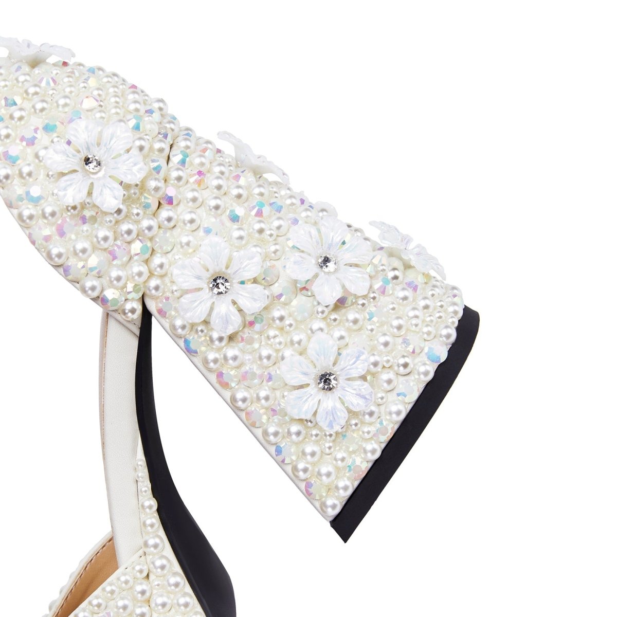 White Pearl Encrusted Flower Chunky Sandals