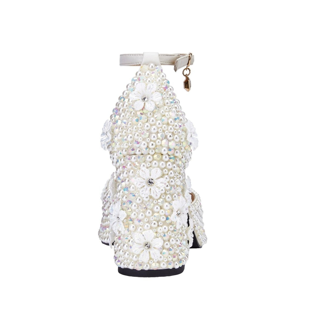 White Pearl Encrusted Flower Chunky Sandals