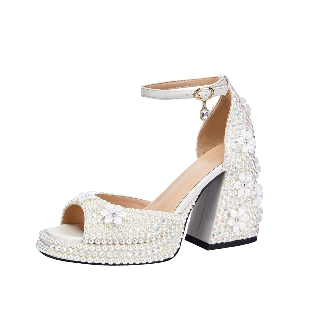 White Pearl Encrusted Flower Chunky Sandals