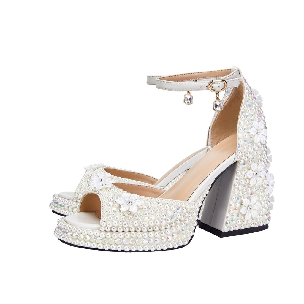 White Pearl Encrusted Flower Chunky Sandals