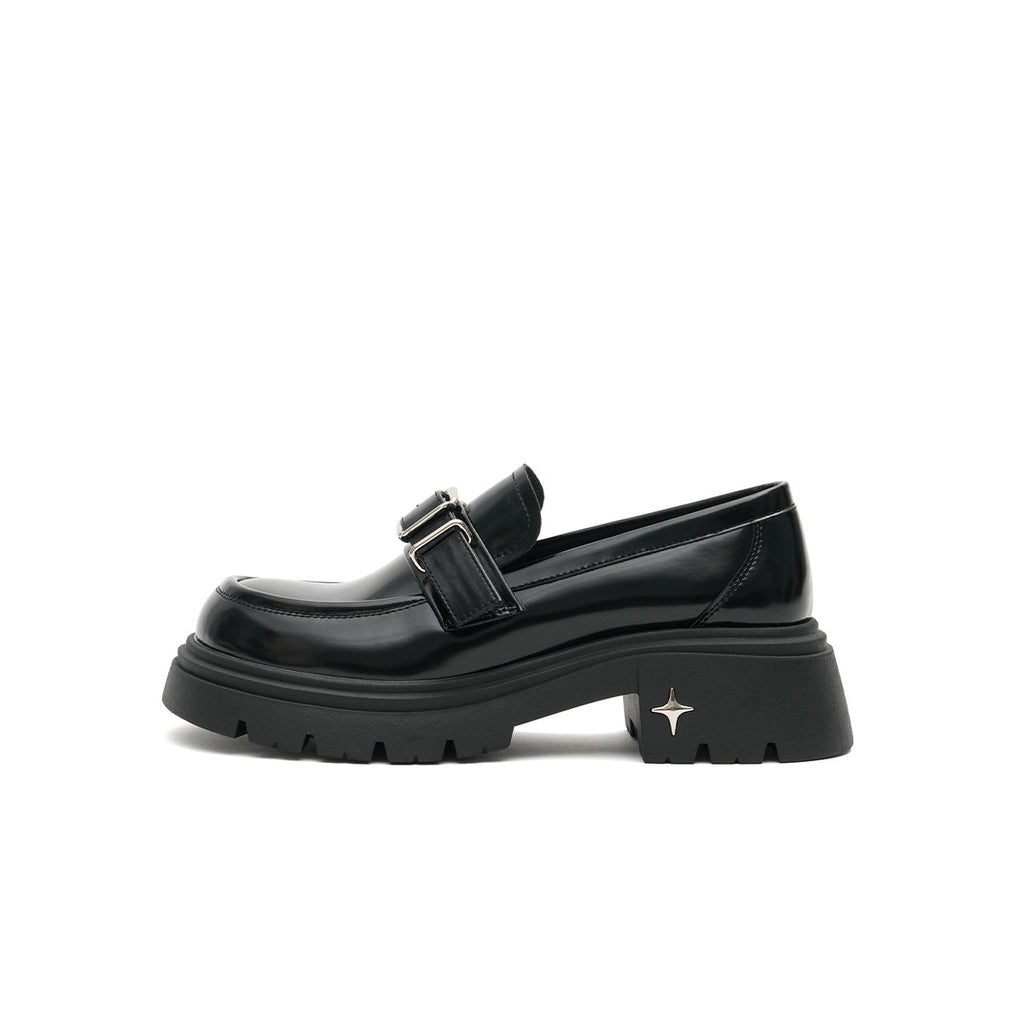 Women’s Black Buckled Platform Loafers – Chunky Heel Glossy Slip-Ons