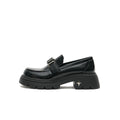 Women’s Black Buckled Platform Loafers – Chunky Heel Glossy Slip-Ons