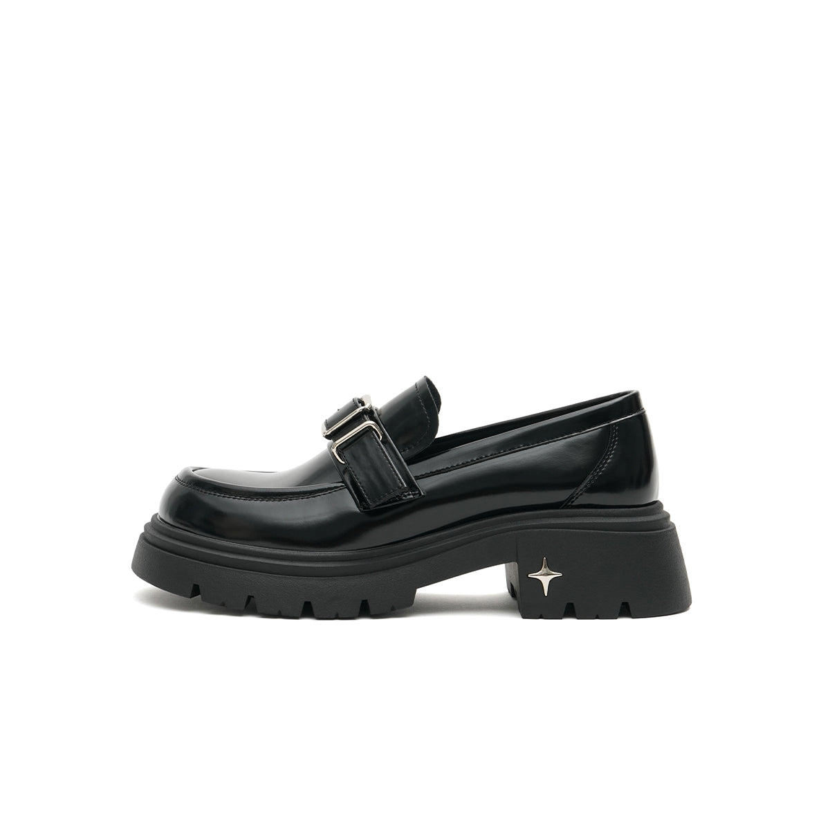 Women’s Black Buckled Platform Loafers – Chunky Heel Glossy Slip-Ons