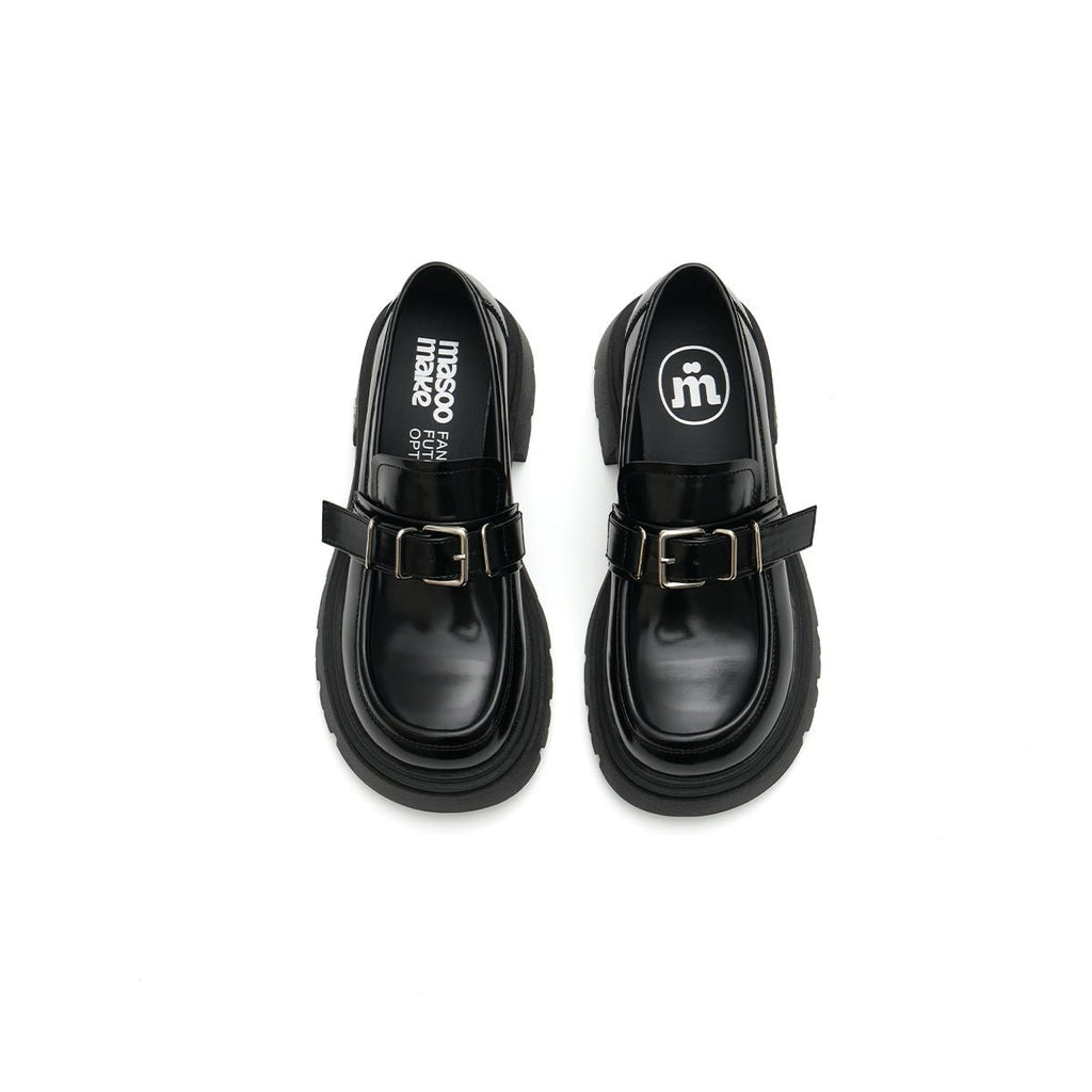 Women’s Black Buckled Platform Loafers – Chunky Heel Glossy Slip-Ons