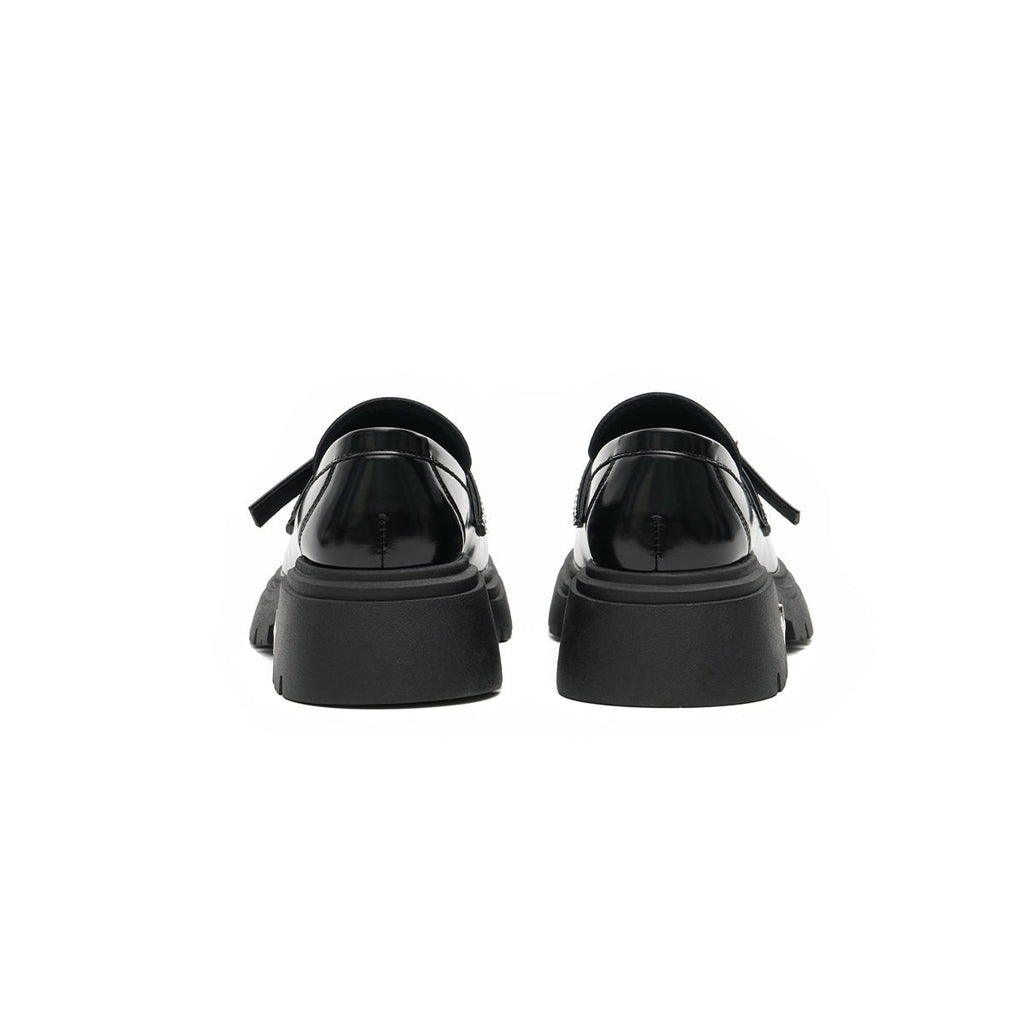 Women’s Black Buckled Platform Loafers – Chunky Heel Glossy Slip-Ons