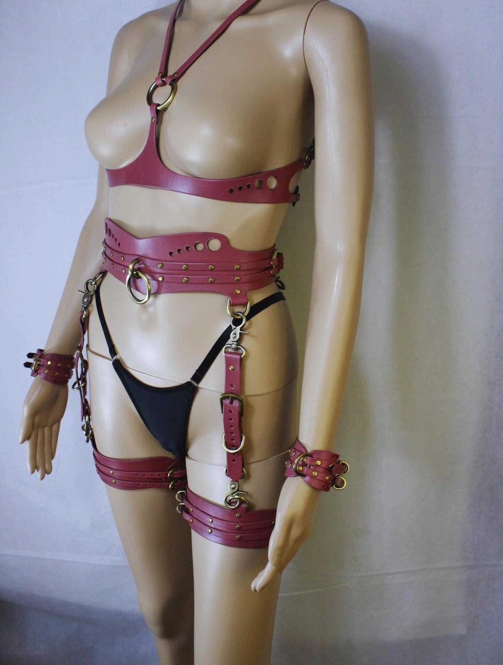 Womens Body Harness Set with Thigh Cuffs  Submissive Collar