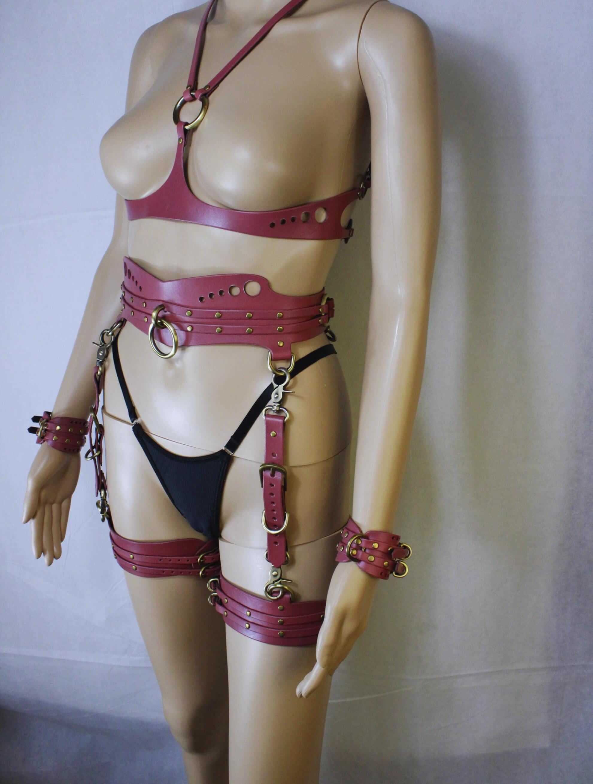 Womens Body Harness Set with Thigh Cuffs  Submissive Collar