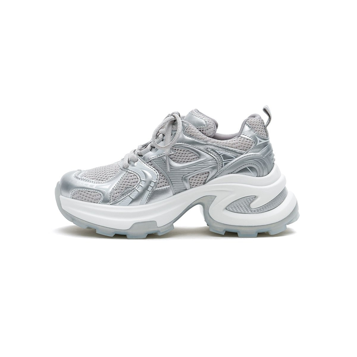 Women's Breathable Mesh Platform Sneakers – Metallic Sculpted Sole Trainers