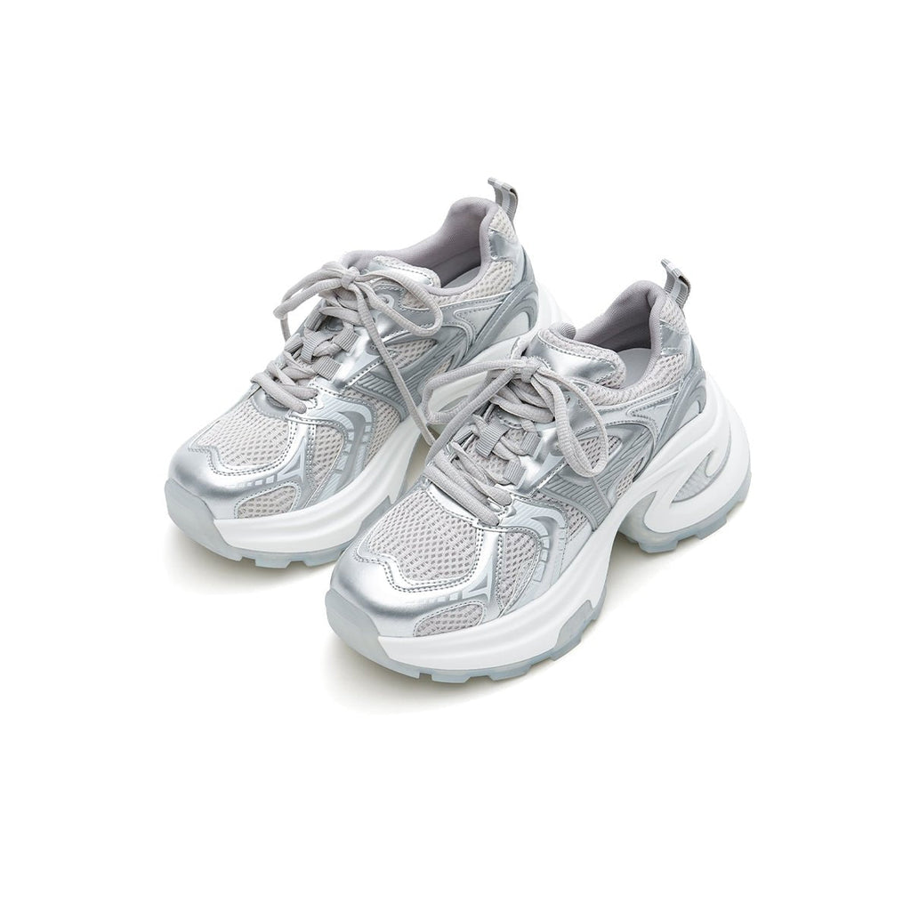 Women's Breathable Mesh Platform Sneakers – Metallic Sculpted Sole Trainers