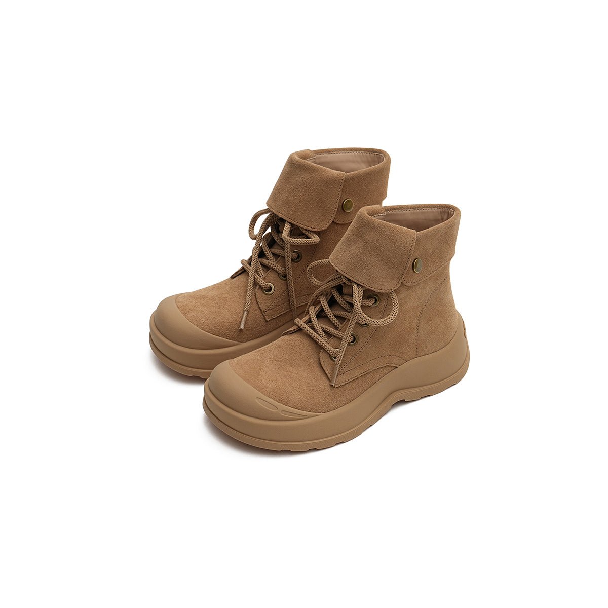 Women's Brown Suede Fold-Over Motorcycle Boots – Chunky Sole Lace-Up Boots