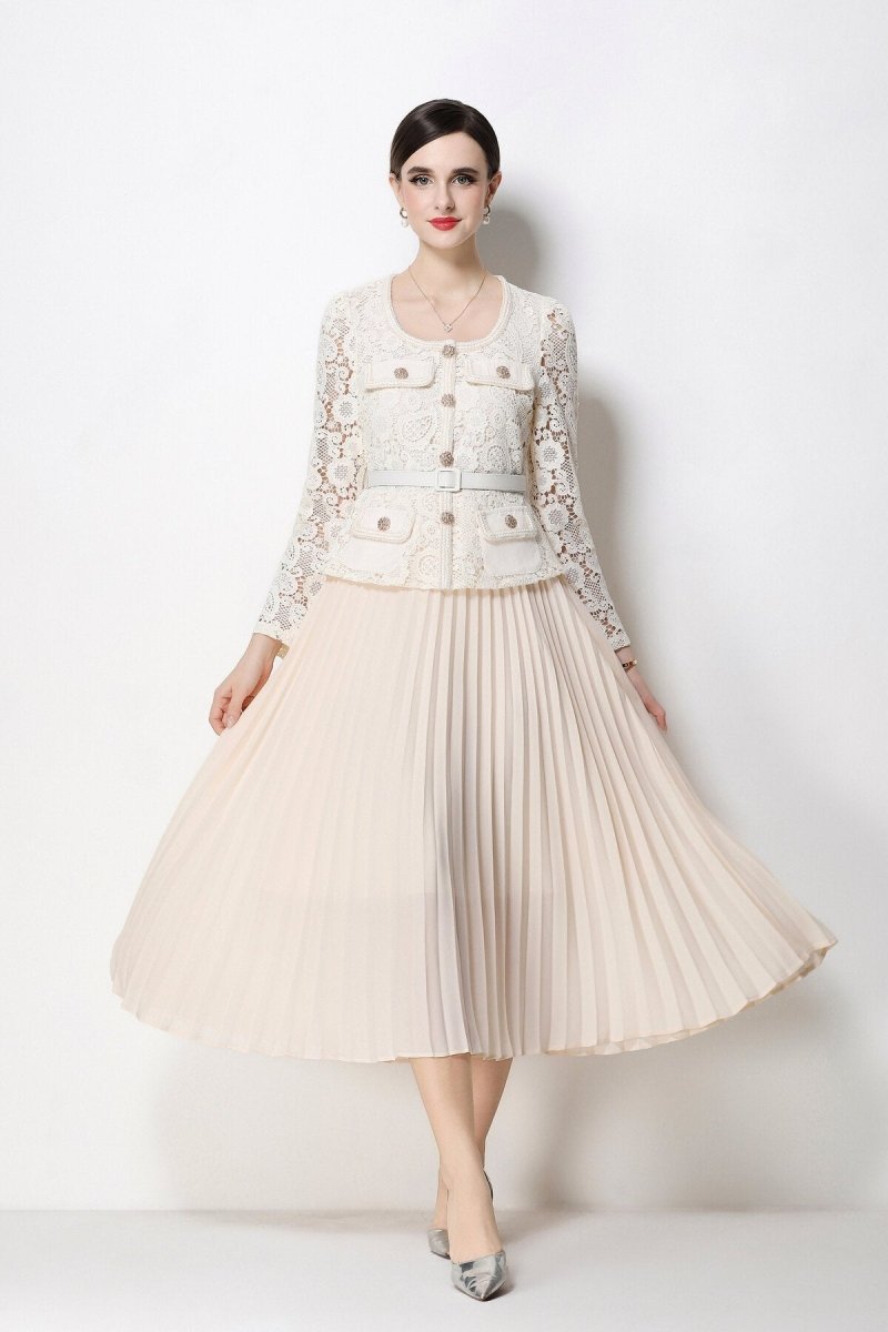 Women's Elegant Lace Pleated Midi Dress with Belted Waist
