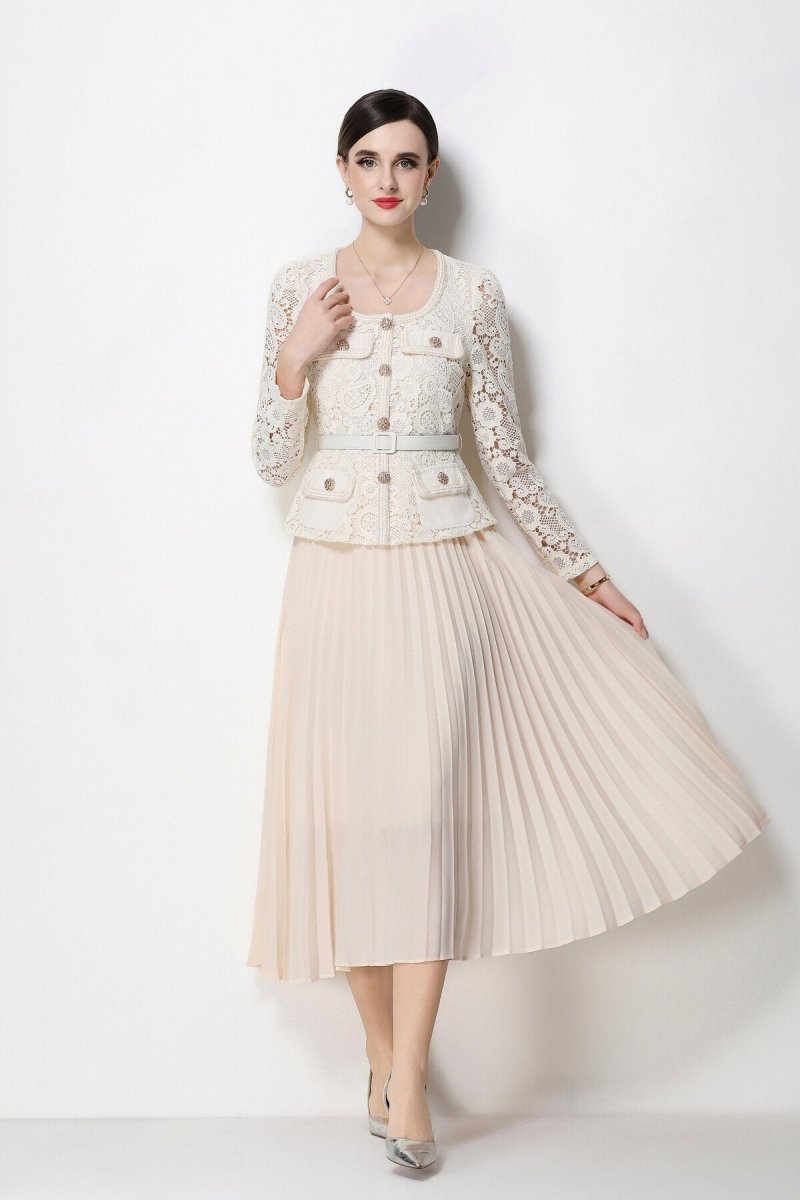 Women's Elegant Lace Pleated Midi Dress with Belted Waist