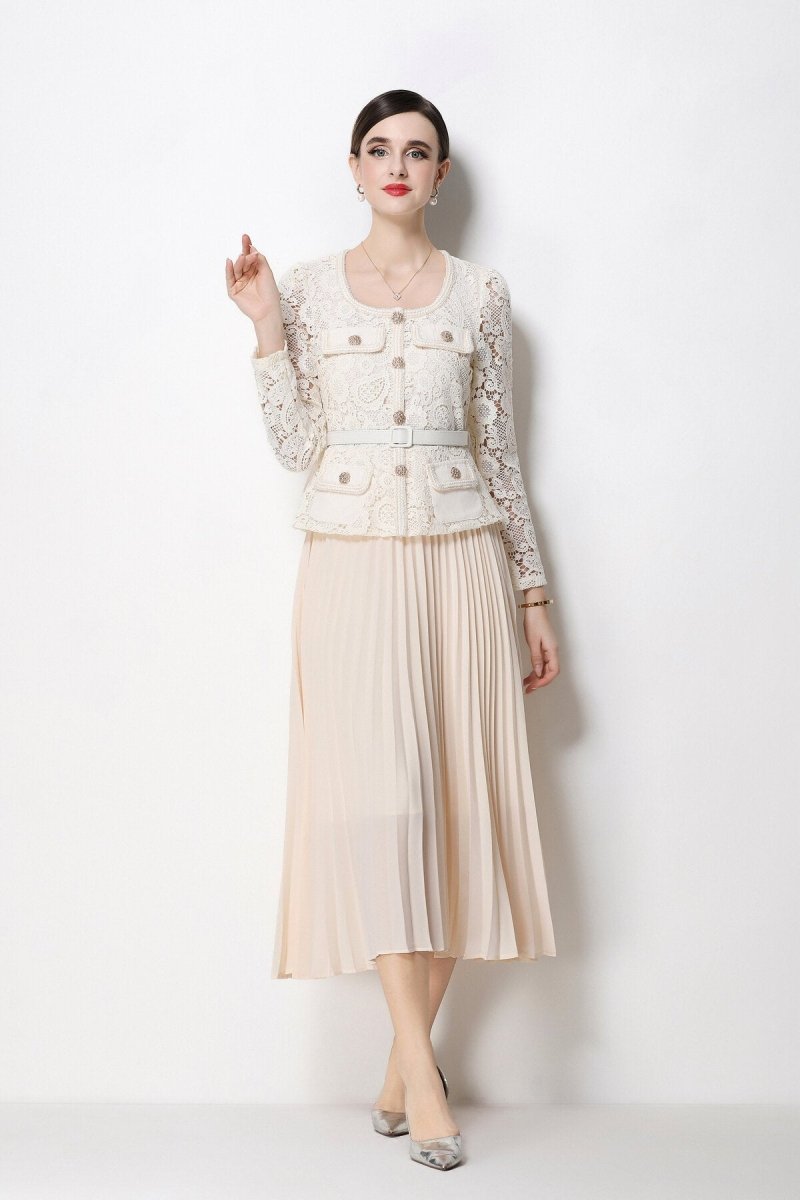 Women's Elegant Lace Pleated Midi Dress with Belted Waist