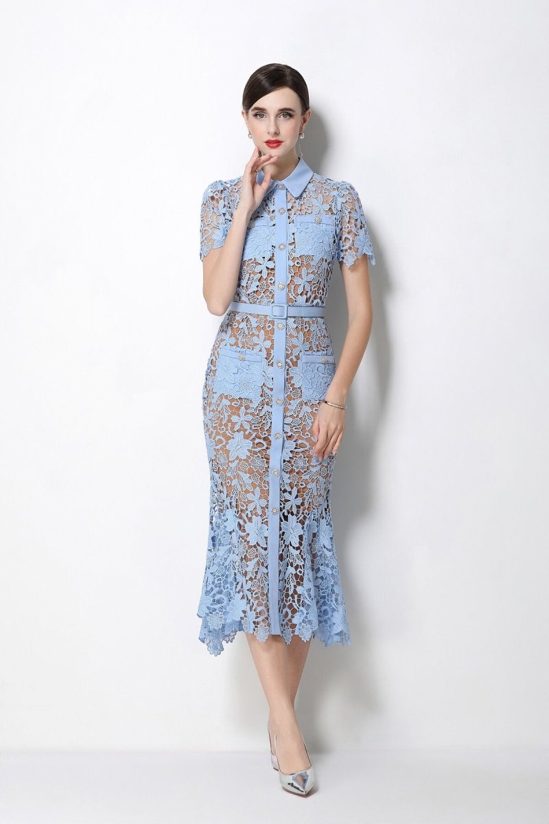 Women's Floral Lace Mermaid Midi Dress with Belted Waist