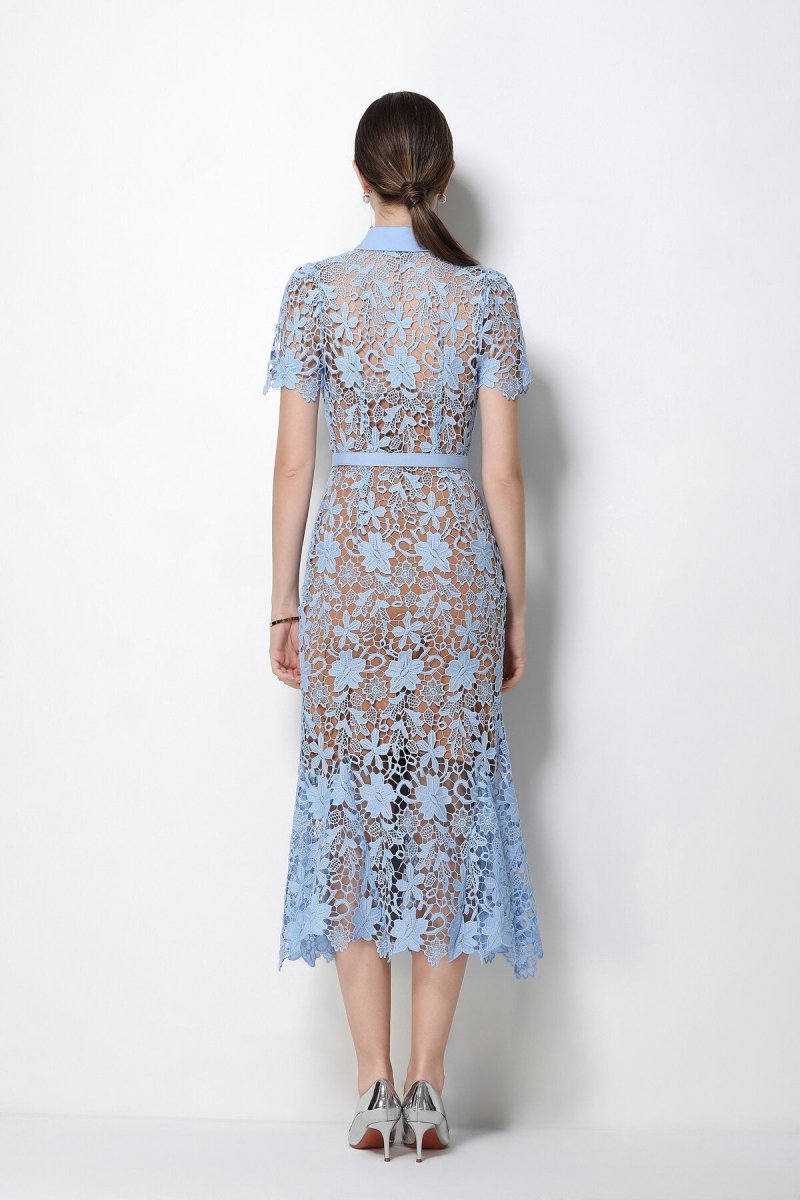 Women's Floral Lace Mermaid Midi Dress with Belted Waist
